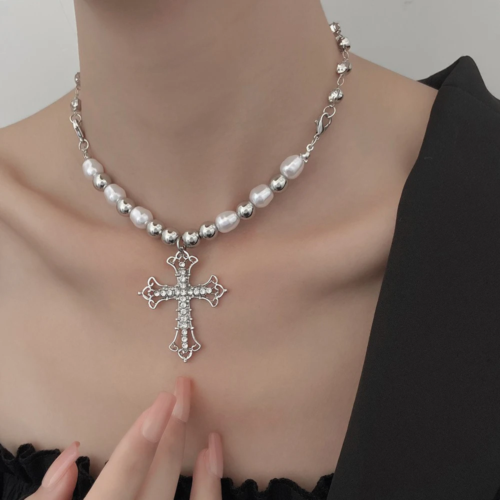 Cross Pearl Necklace Rhinestone Pendant Gothic Hip Hop Punk Dating Party Accessories Jewelry Gift For Girl Women