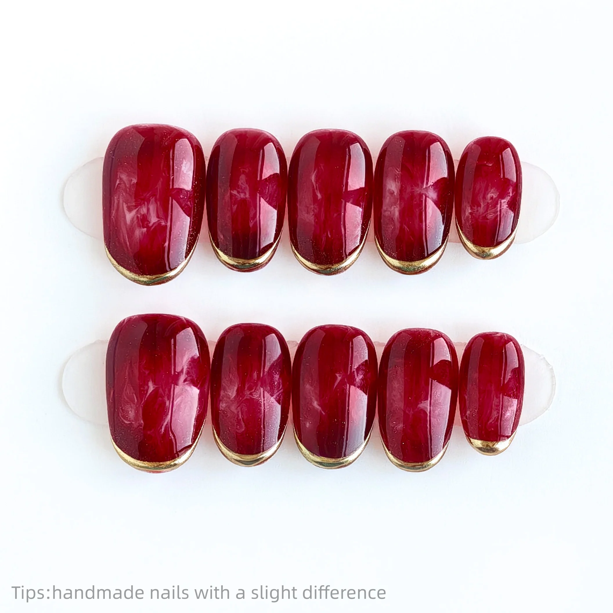 

10pcs Handmade Burgundy Gold Edge Press on Nails Short Full Cover Wearable Reusable Luxury False Nails 2026