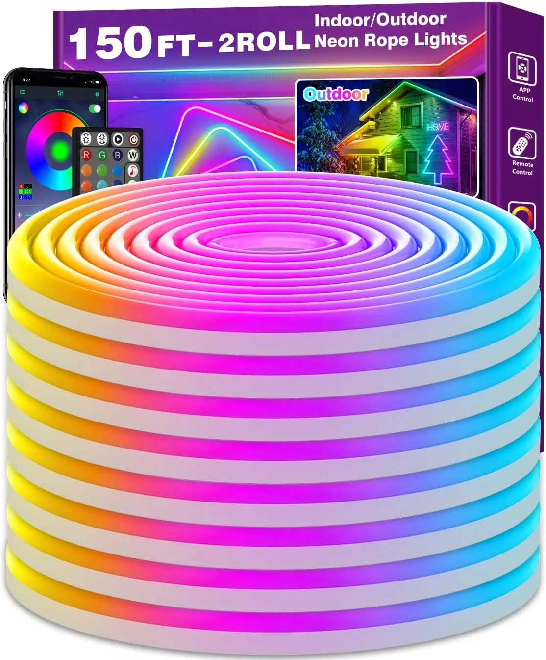 

150Ft Flexible Neon Rope Lights, App/Remote Control, RGB Outdoor Waterproof with Multiple Modes