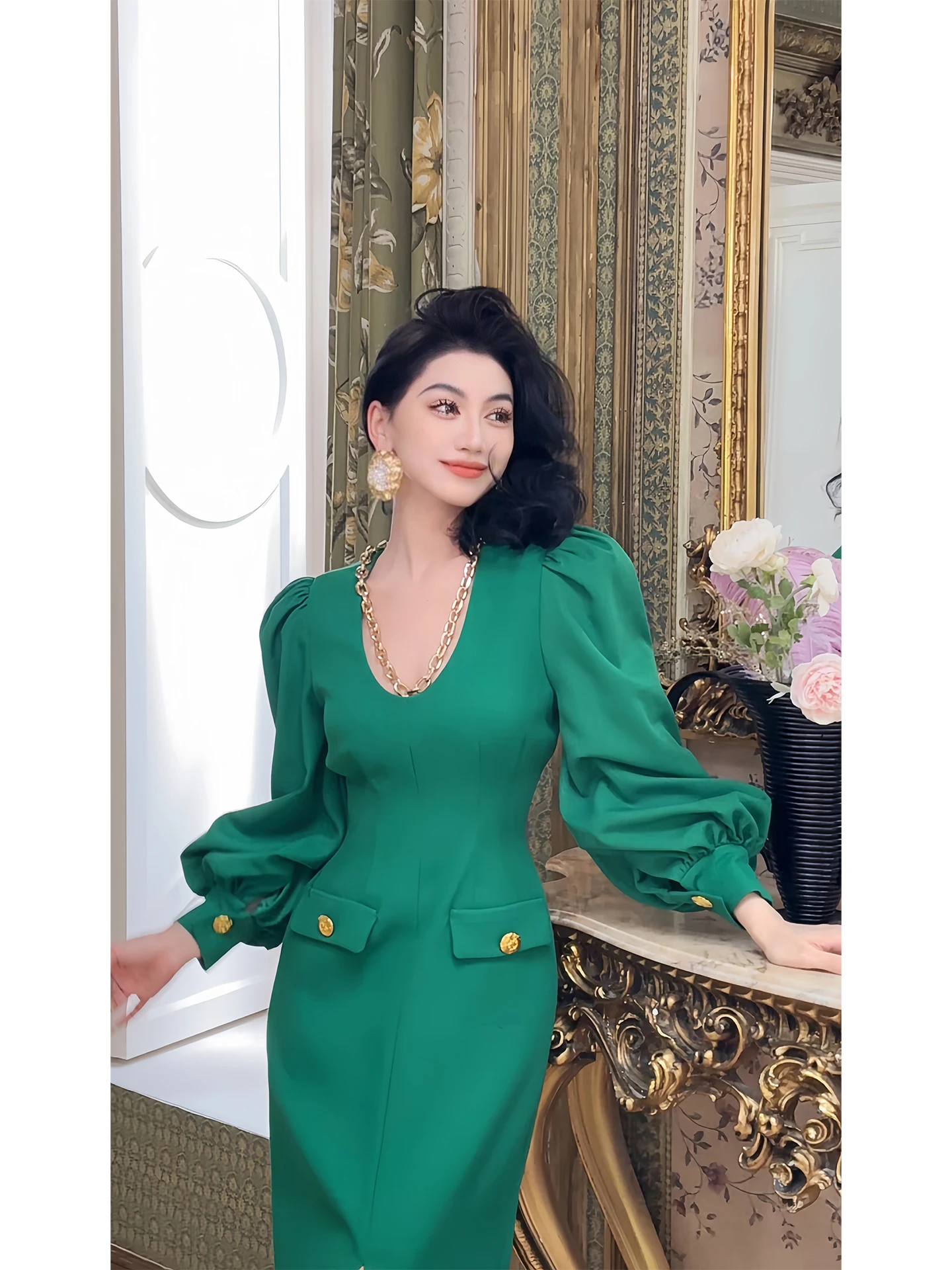 

LYXJ Sydney Opera House Lantern Sleeve Dress Women's Elegant Long Dress Spring Court Style Polyester Fiber Standard Fit Zippe...