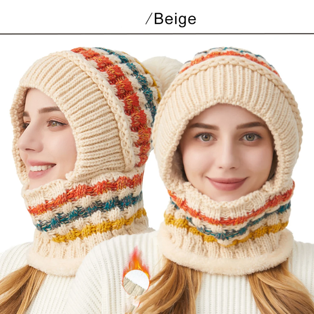 HT4526 Thick Warm Winter Hat Scarf Mask Set Lady Knitted Beanie Hat with Scarf Mask Female High Quality Fleece Lined Riding Cap