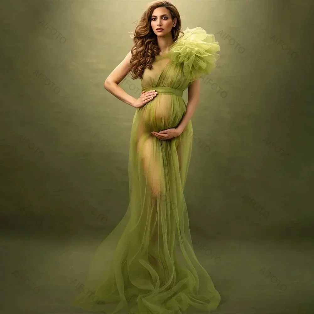 

One Shoulder Maternity Dresses Photoshoot Tulle Sexy Pregnant Women Photography Dress High Split Long See Thru Mesh Ruffles Gown