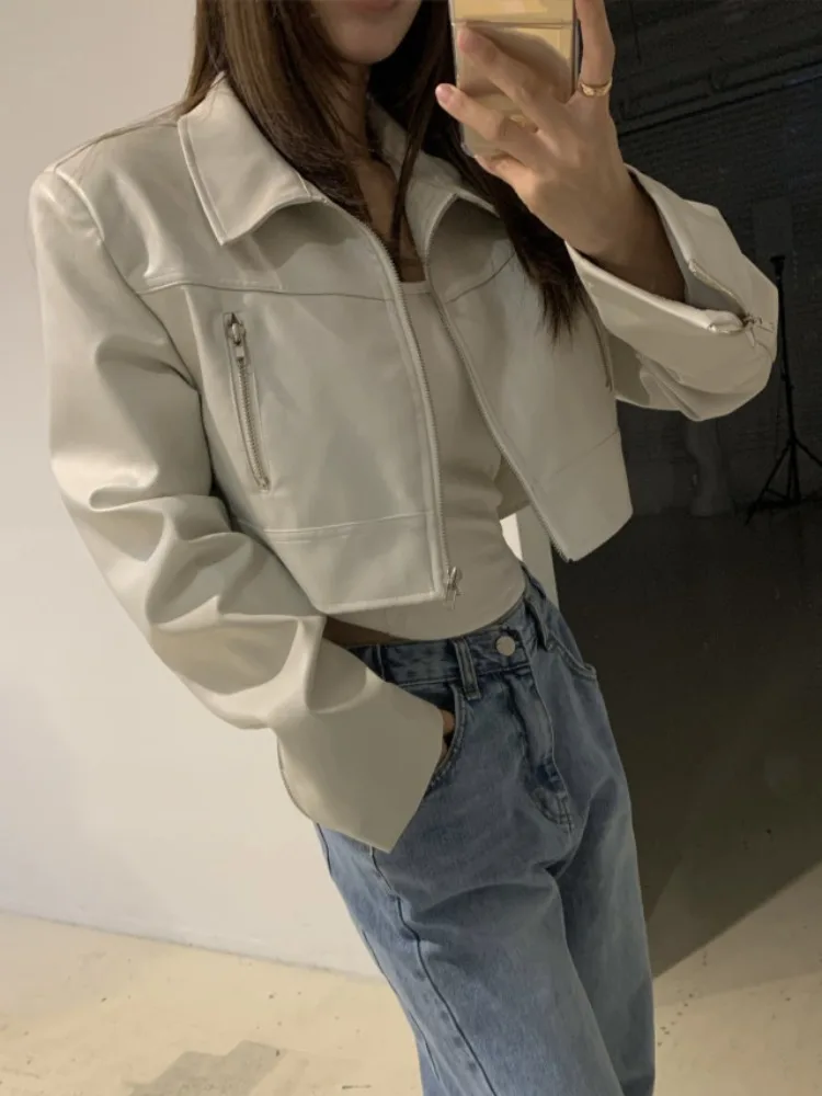 Retro Collar ort PU Leather Jaet Women's Autumn New Sle Small Size Ele High-End Feeling Top Commute Sle Regular Fit