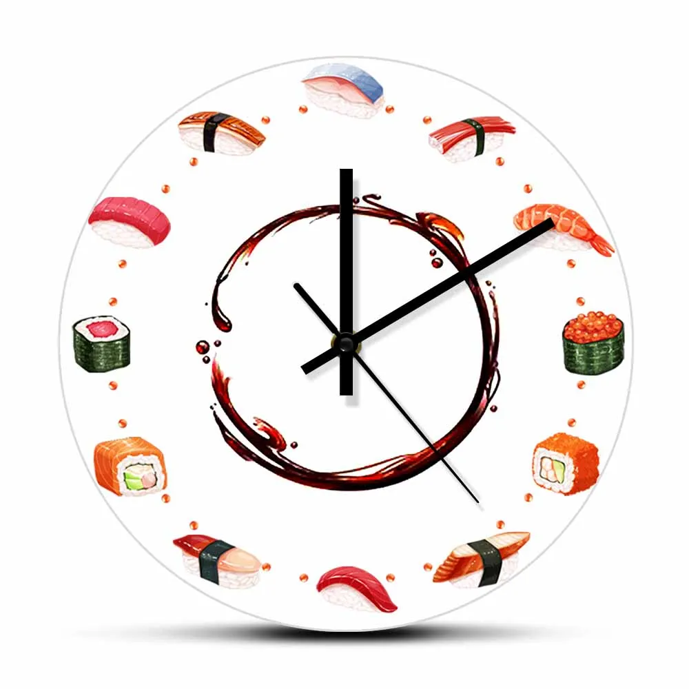 Japanese Cuisine Sushi Types Decorative Wall Clock For Kitchen Dinning Room Japan Resturant Nigiri Sashimi Food Art Quartz Clock