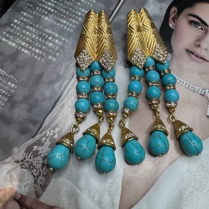 Bohemian Round Synthetic Turquoise Drop Earrings Gold Tone Full Rhinestone Statement Vintage Party Jewelry