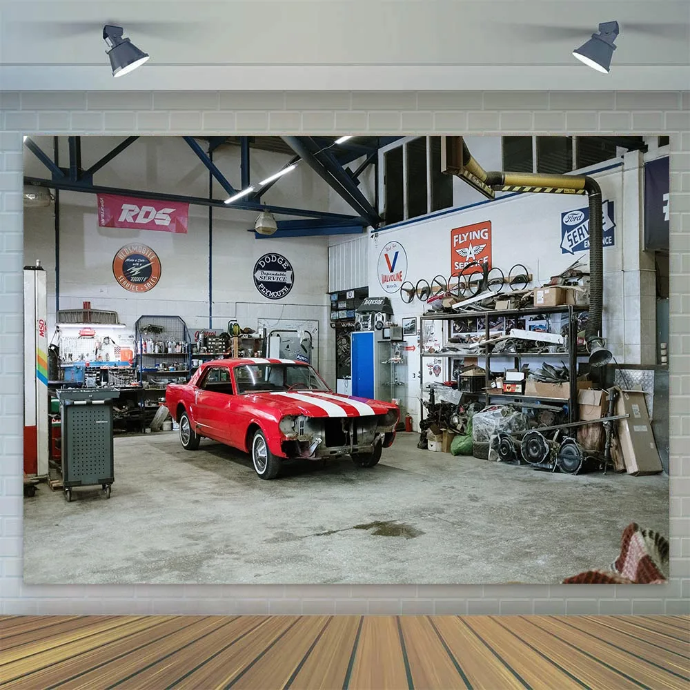 Vintage Garage Car Repair Grunge Fix Workshop Backdrop Retro Photography Background Mechanic Party Decoration Photo Booth Studio