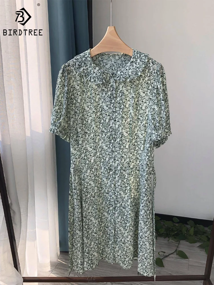 

Birdtree Women 18Mm Real Mulberry Silk Shirt Dress Green Peach Print Peter Pan Collar Short Sleeve Single Breasted Lady D36705QM