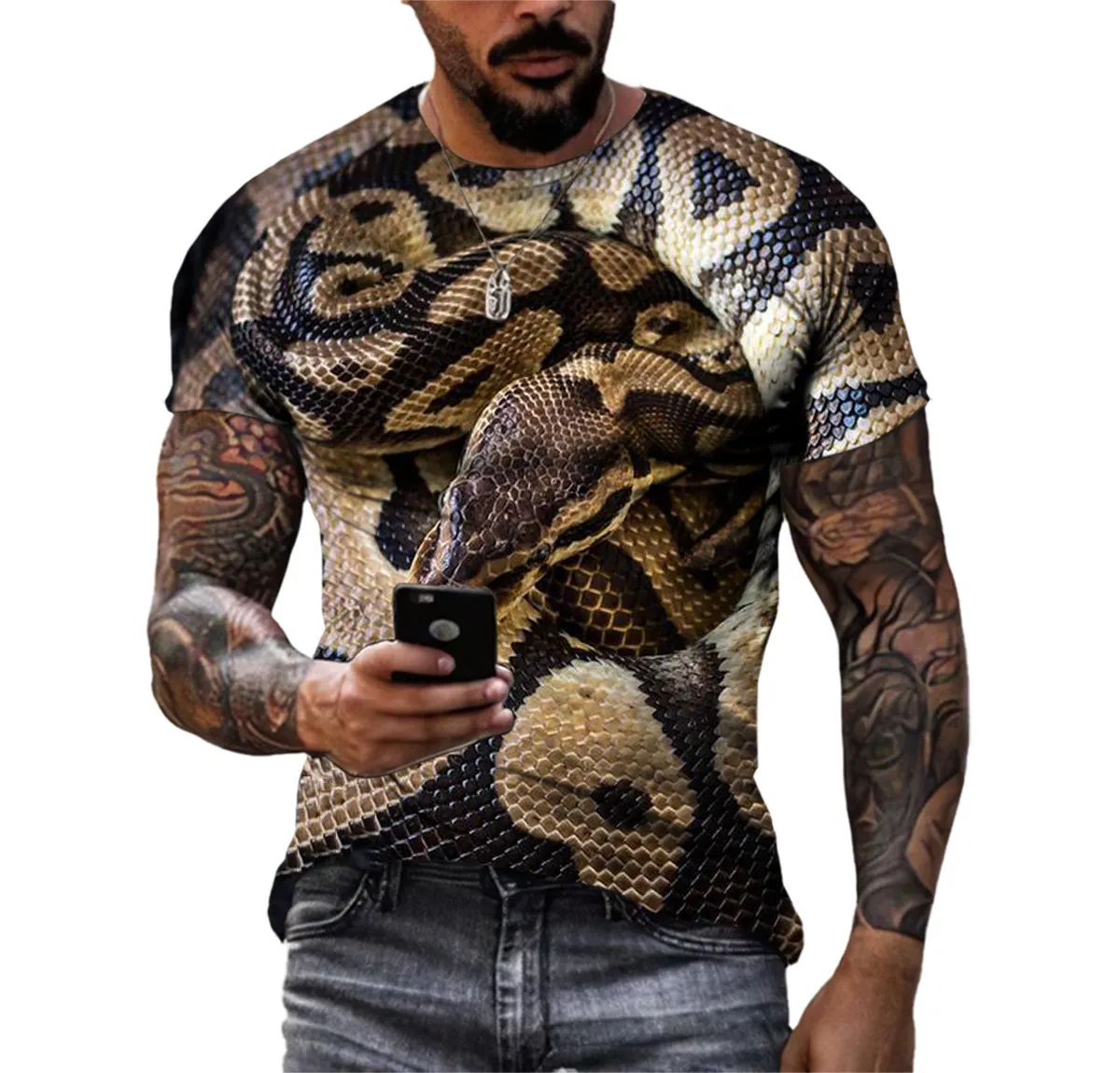 Summer Quick-drying Men\'s T-shirt Animal Python Pattern 3d Printed Hip Hop Alternative Personality Crewneck Loose Short Sleeve