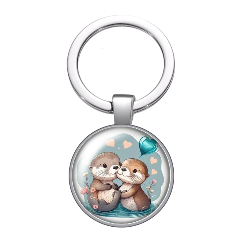 New Cute Cartoon Otter couples Animlas Photo glass cabochon keychain Bag Car key chain Ring Holder Charms keychains for Gifts