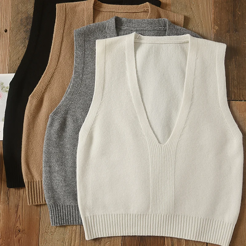 

Women Wool V-neck Waistcoat Simple Sleeveless Pullover Sweater Spring Autumn Winter 100% Merino Wool Knitwear Office Lady Vest