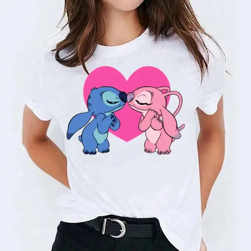 

White Tshirt Stitch and Angel Hugging Pink Heart Cartoon Print Cotton Casual Top Women Cute Couple Design Soft Fabric Daily Wear