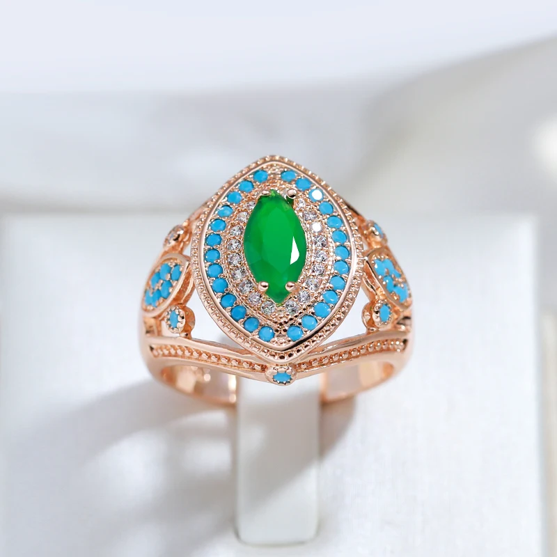 Kinel Hot 585 Rose Gold Color Rhombus Big Ring for Women Fashion Green With Blue Natural Zircon Wedding Daily Vintage Jewelry