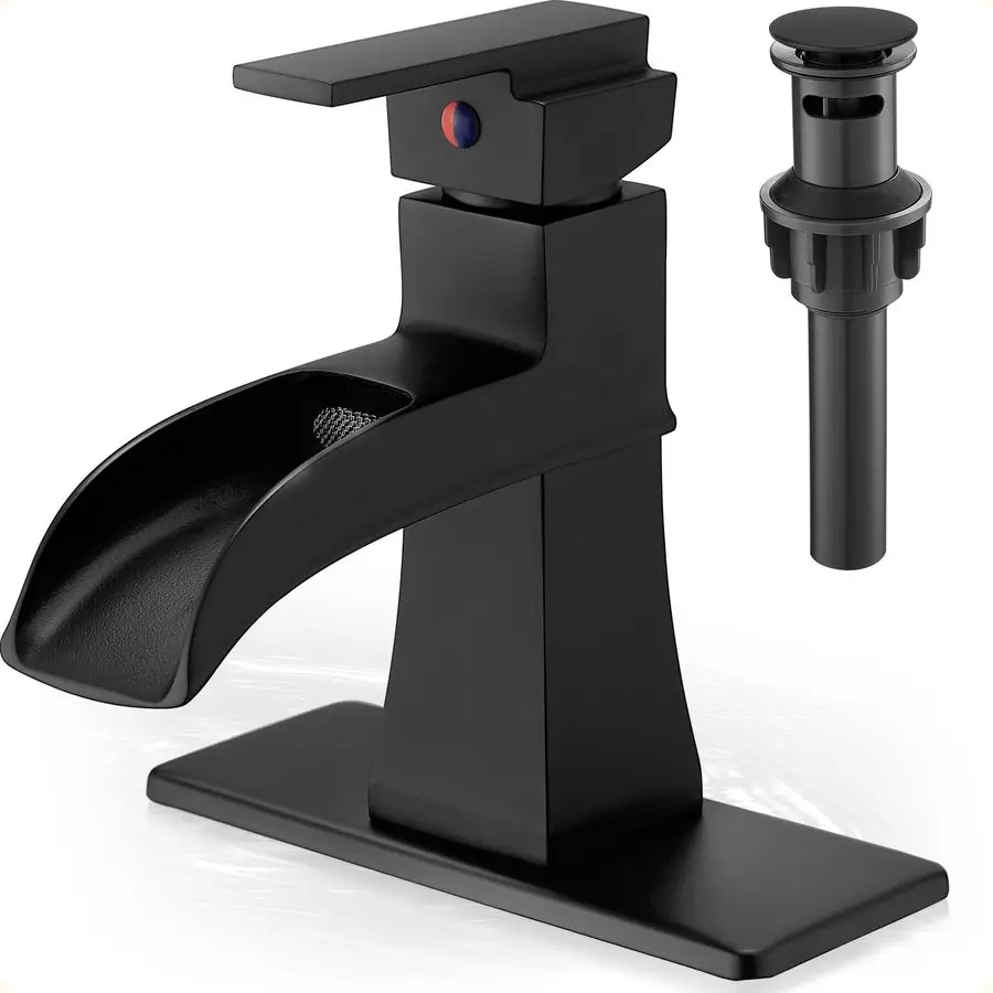 

Faucet, Brass Black Bathroom Sink Faucet 1 Hole or 3 Holes 4 Inch with Single Handle, PopUp Drain, LeadFree cUPC Supply Hoses am