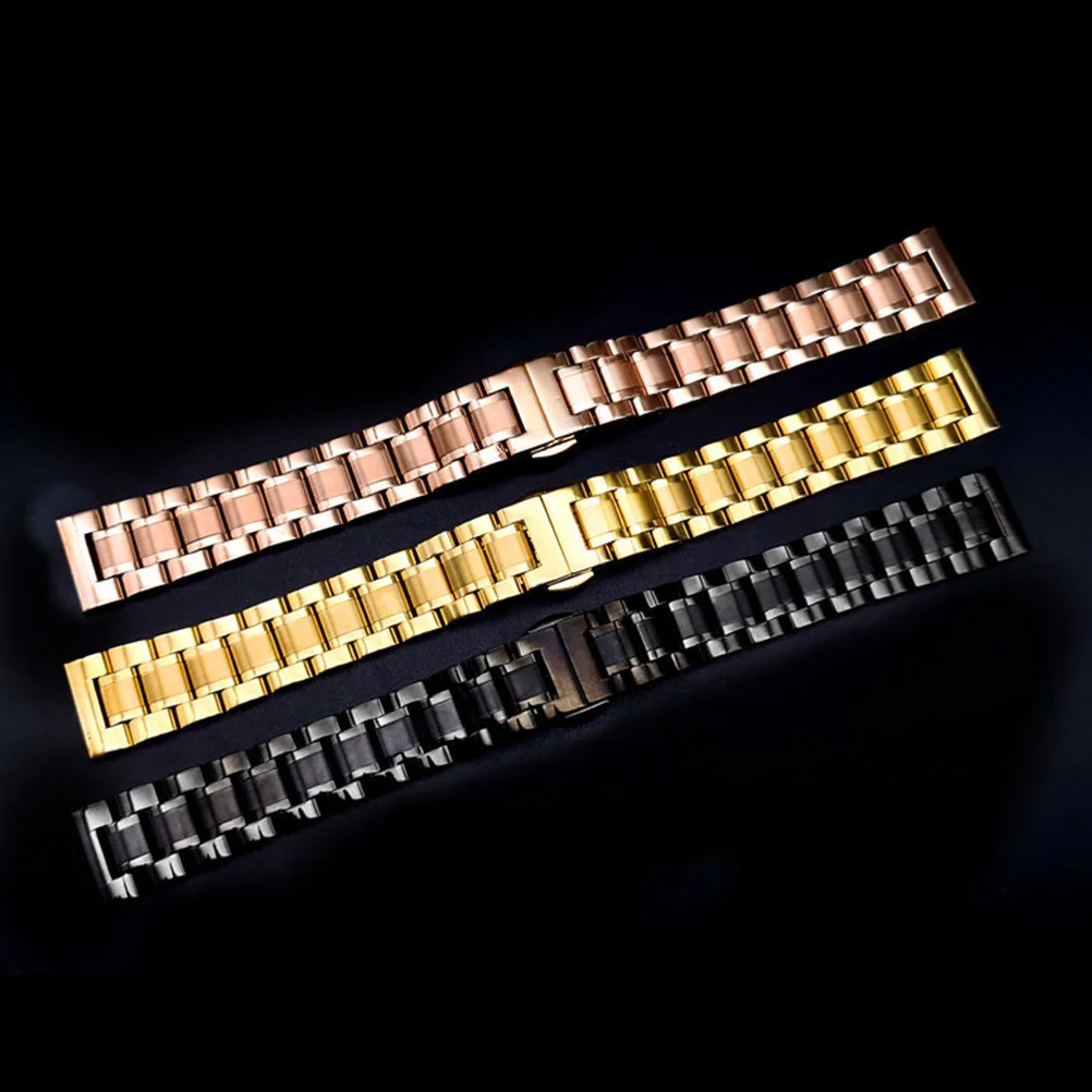 

13mm Stainless Steel Watch Band Strap Chain Five Beads Curved Flat Durable Replacement Metal Watch Strap Black