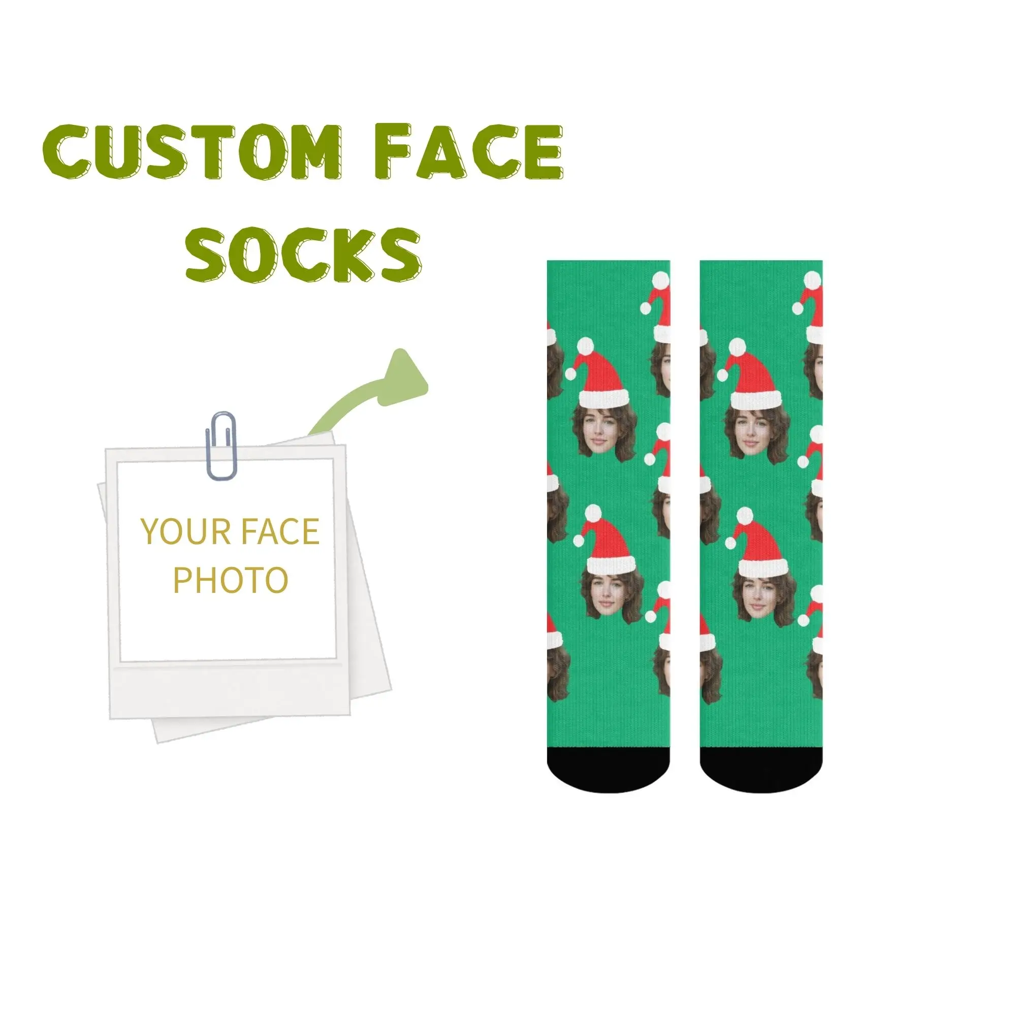 

Personalized Christmas Gift Socks Custom Face with Santa Hats on Green Novelty Funny Present for Dad Mom Kids Friends Couples
