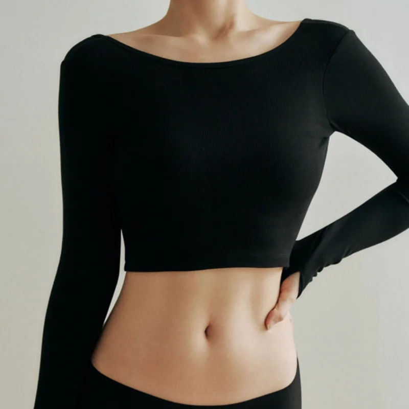 بلوزة يوجا نسائية لربيع وصيف جديدة بأكمام طويلة مع وسادة صدر للجري وأشرطة رفيعة للياقة البدنية