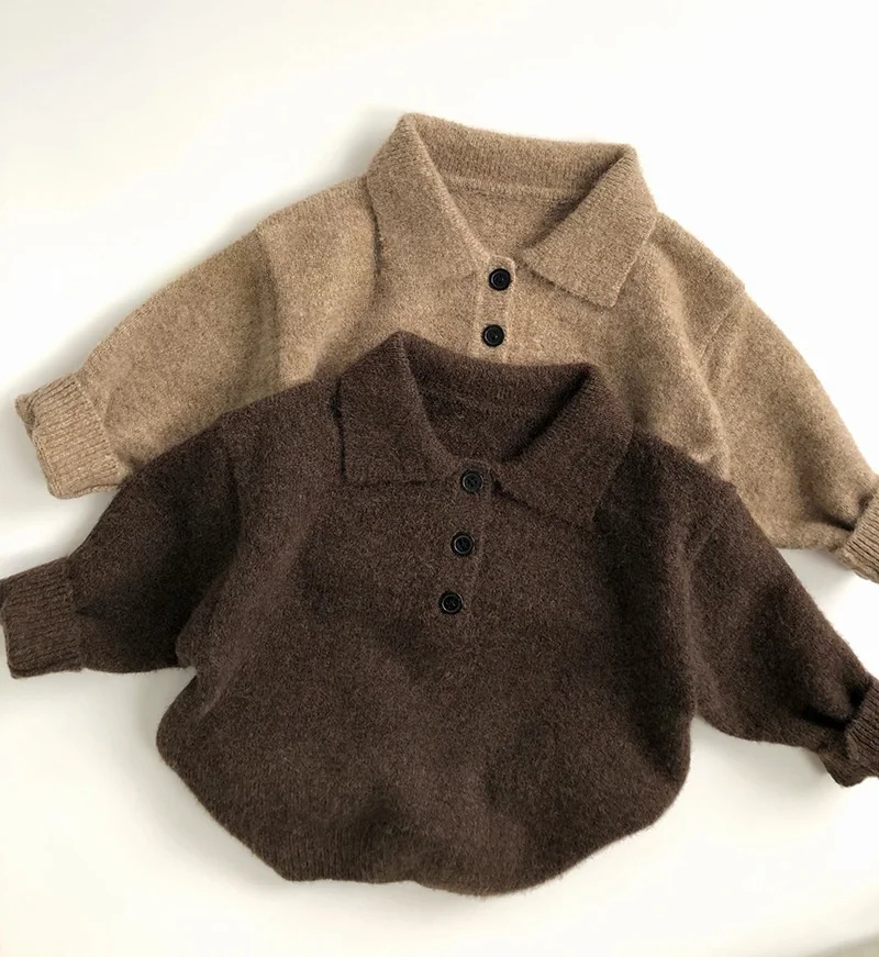 

Новая осенняя одежда для мальчиков от 1 до 6 лет, детский вязаный свитер с отложным воротником, детский модный однотонный пуловер, верхняя одежда для девочек, свитера