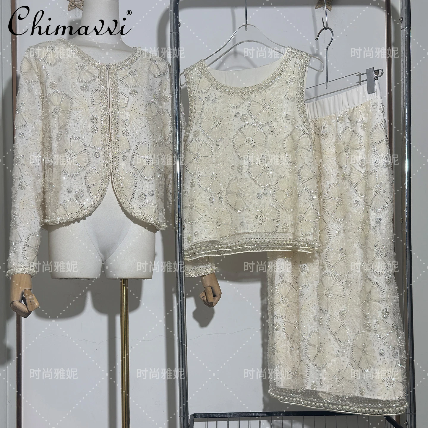 

Heavy Sequin Pearl Loose Floral Vest Top Half Skirt Cardigan Jacket 2025 Autumn Clothes New Streetwear Women's Three-Piece Set