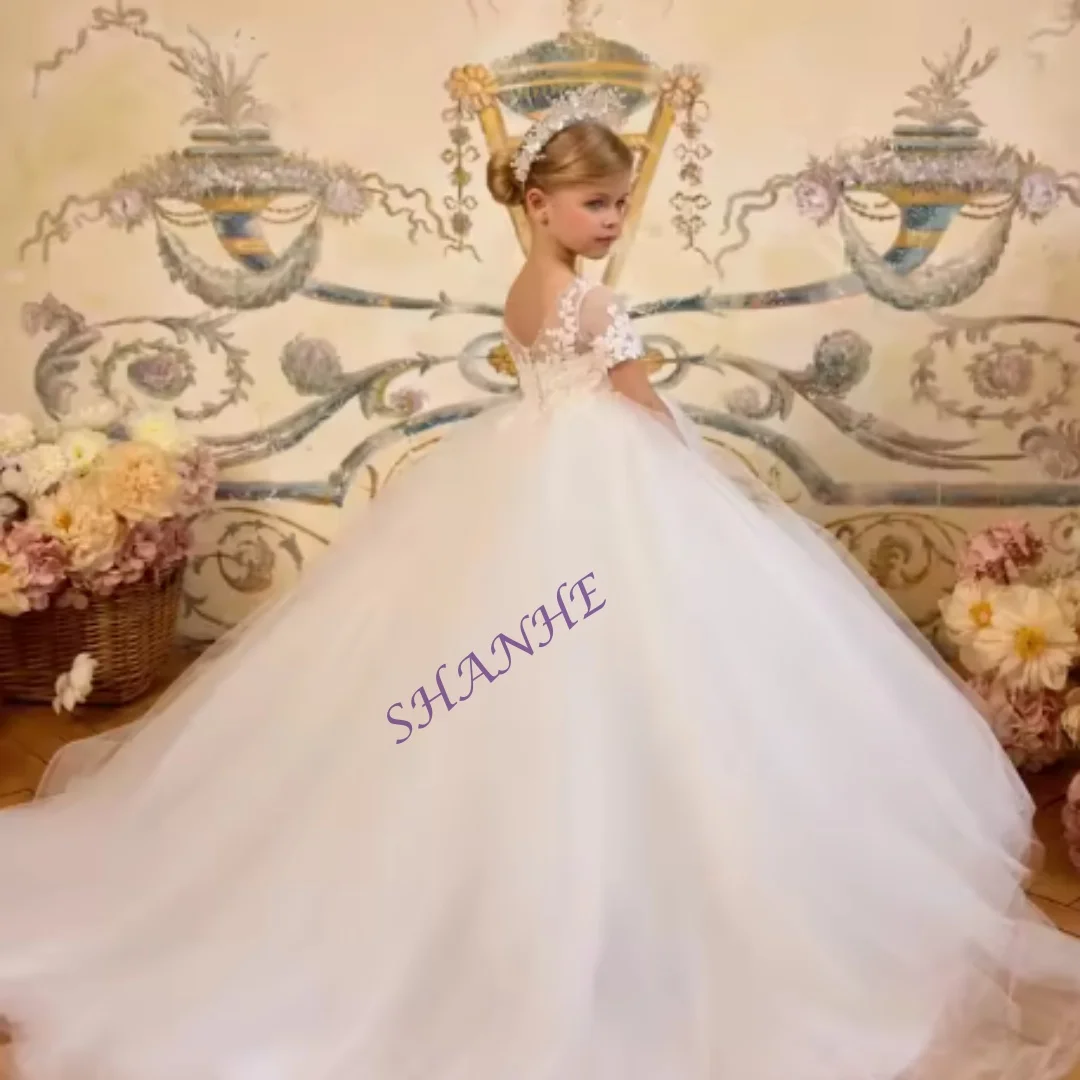 맞춤형 화이트 귀여운 볼 가운 플라워 걸 드레스 웨딩용 레이스 랩 첫 성찬식 드레스 튤 베이비 걸 생일 파티용
