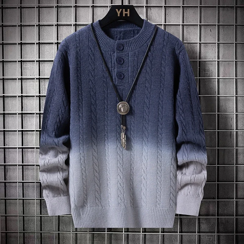Men Student Base Shirt Men Knitted Sweater Youth Button Casual Pullover Male Gradient Color Sweater Winter Fashion Kntwear Top