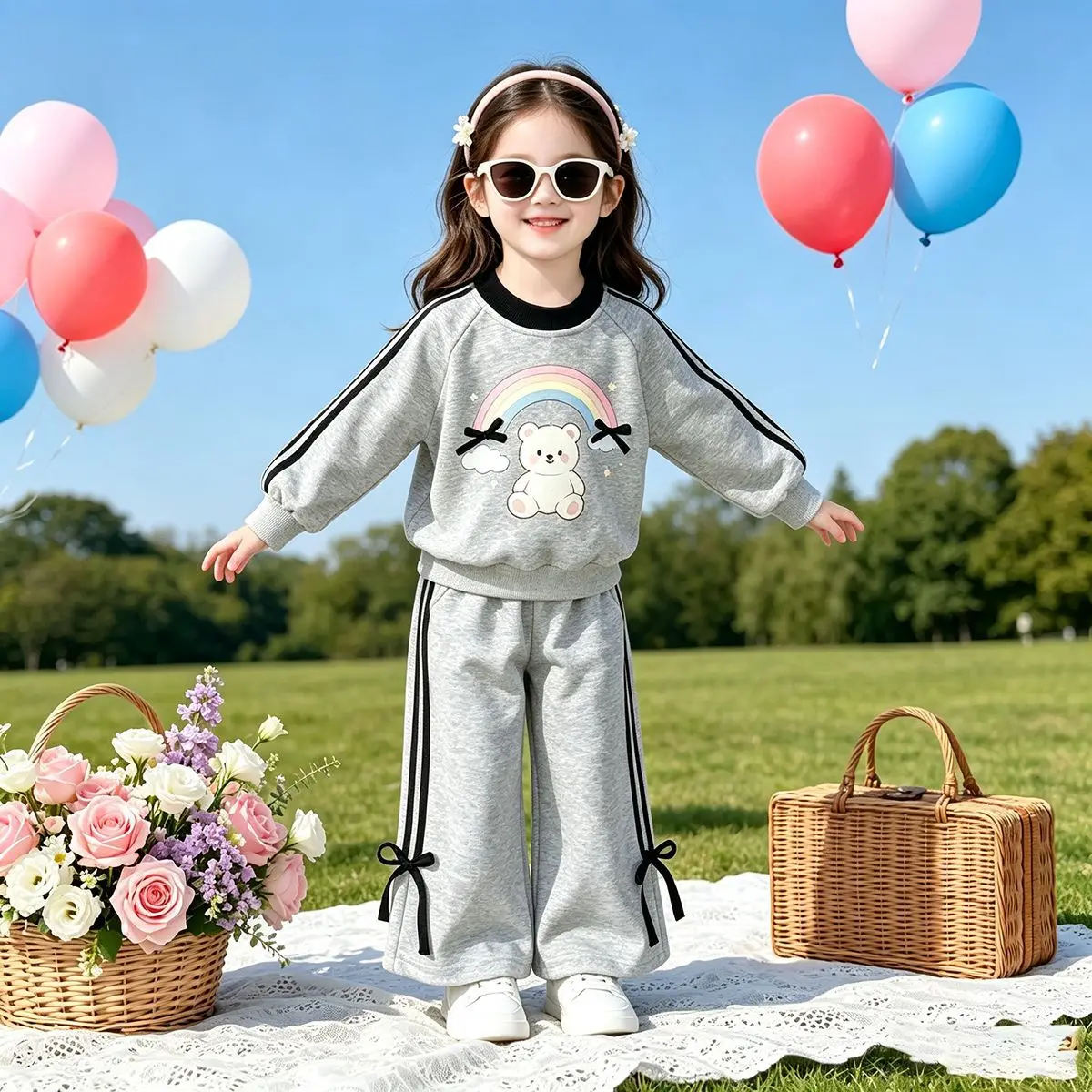 Mädchen-Sweatshirt mit Schleifendetail und Cartoon-Katze & Weite Hose – Süßes 2-teiliges Herbst-Set für Babys – Detail 4