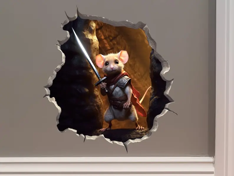 Warrior Knight Mouse in a Mouse Hole Decal - Mouse Hole 3D Wall Sticker