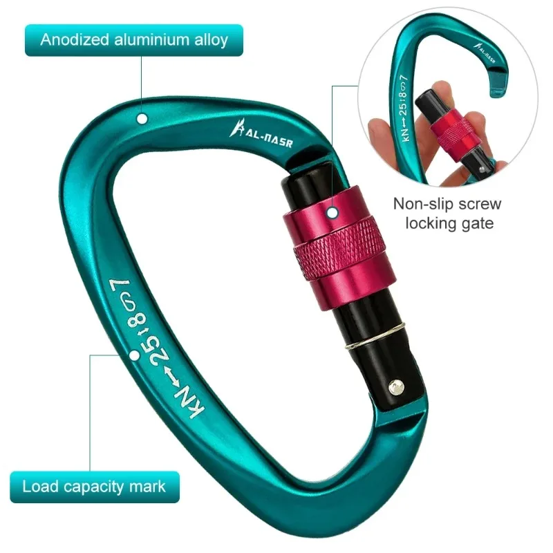 Mosquetão Profissional em Formato D 25KN com Trava de Rosca para Escalada, Rapel e Equipamento Rápido para Rede de Acampamento ao Ar Livre