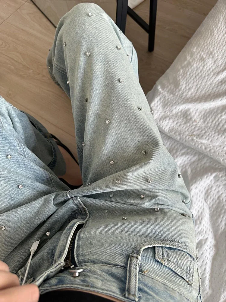 Jeans Spring High Waist Long Pant Women Diamond Bling Fashion Casual Loose Pleated Ladies Trousers Korean Wide Leg Woman Pants
