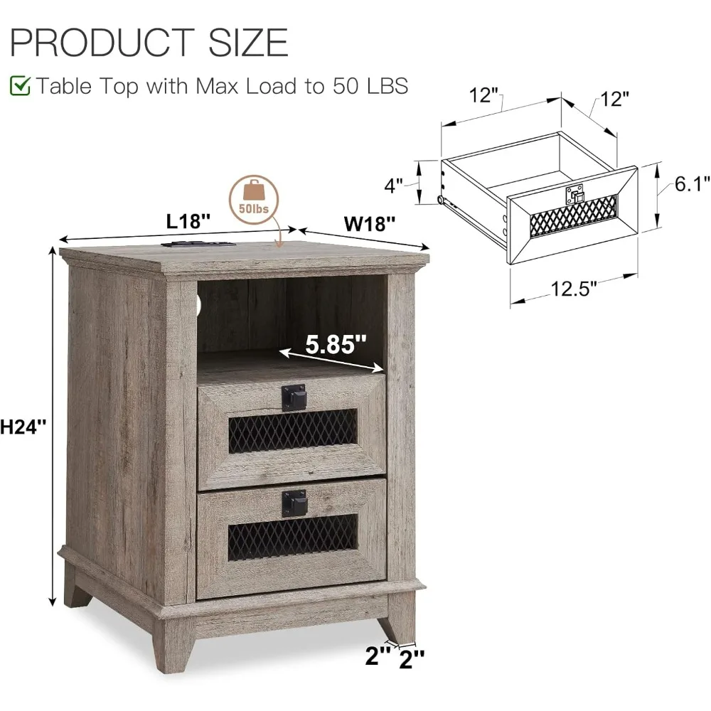 Nightstand with Charging Station,Industrial & Farmhouse End Table & Open Rustic Mesh Drawer Sofa Side Table