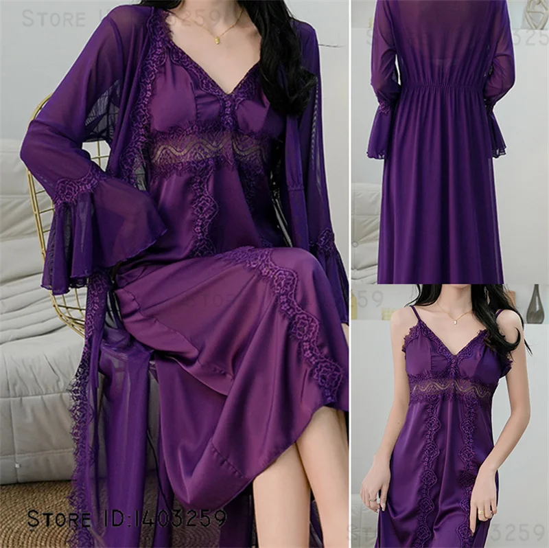 

Female Long Twinset Robe Set Dress Sexy Patchwork Lace Suspender Nightgown Intimate Lingerie New Ice Silk Sleepwear Homewear