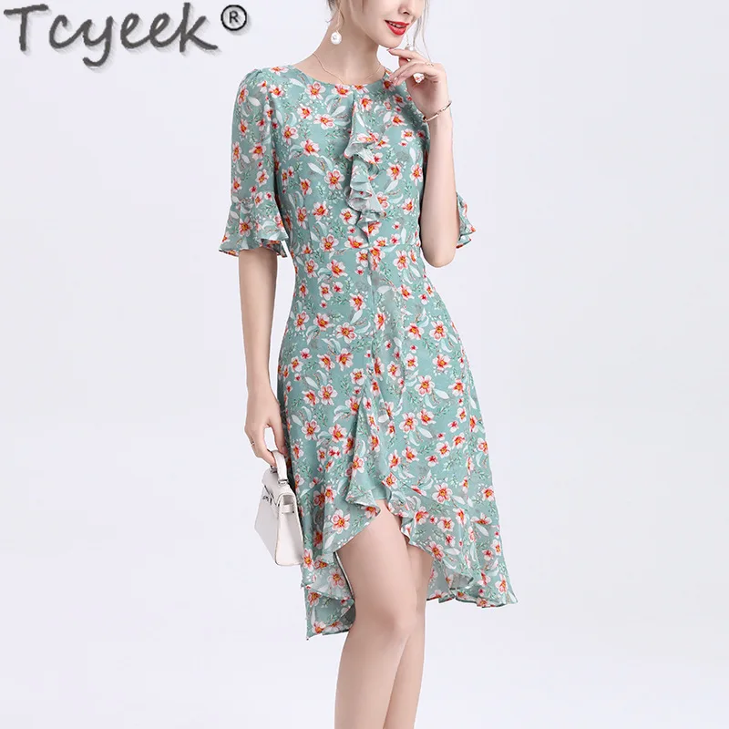 

Tcyeek 100% Real Silk Dresses 2024 Summer Dress Women Clothes Elegant and Pretty Women's Dresses Midi Dress Silm Fit Vestidos