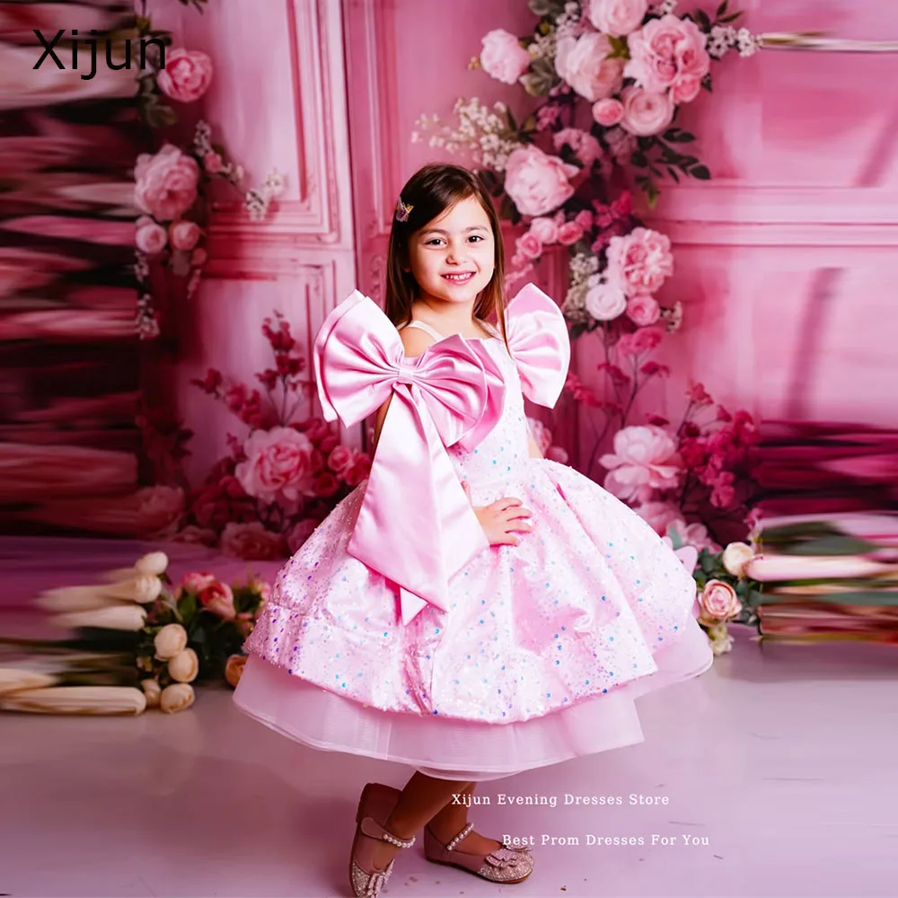 

Xijun Exquisite Pink Flower Girl Dresses Bow A-Line Glitter Sequined Wedding Dresses For Kid Princess Birthday Dress Customized