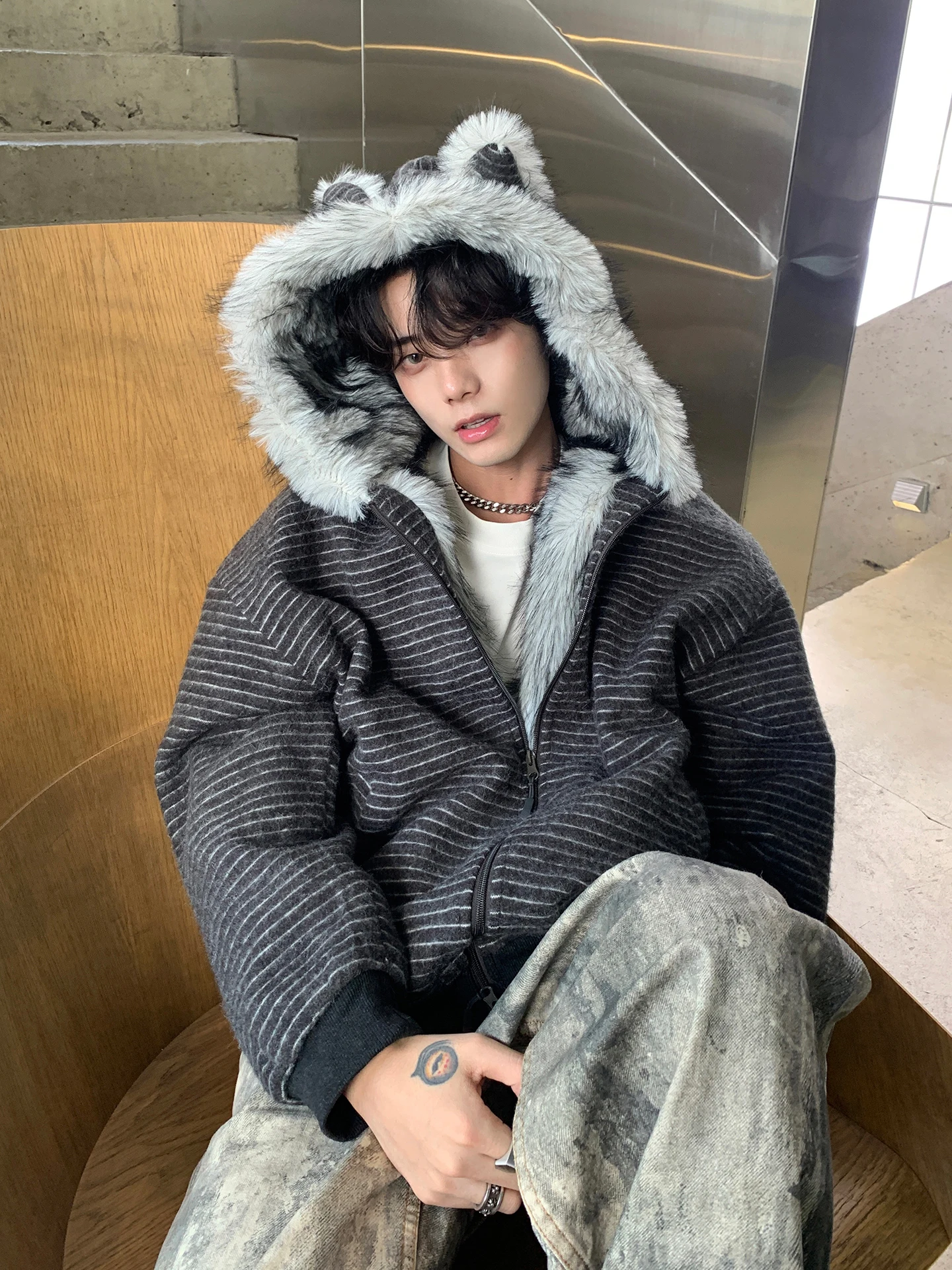 

Мужская толстовка с капюшоном Thiened Jaet, зимнее теплое хлопковое пальто с большим меховым воротником в американском стиле ретро в полоску в виде горного орла