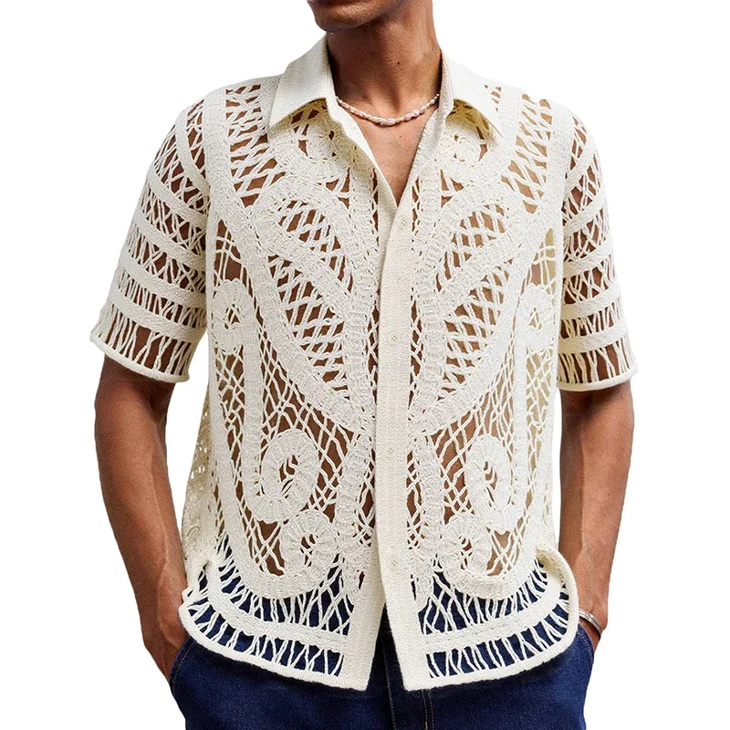 

2025 Summer New Casual Mens Breathable Knit Shirt Vintage Geometric Embroidery Crochet Shirts Men Fashion Short Sleeve Cardigans