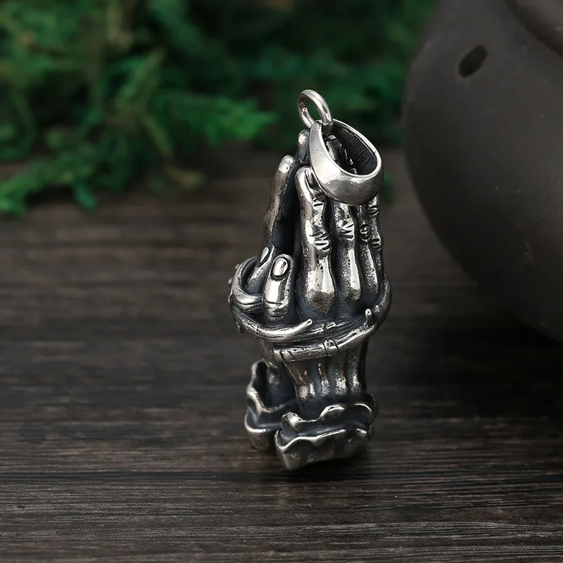 

S925 Sterling Silver Hands Pendant Black Color Old Process Pray Unisex Fine Jewelry FYNE436