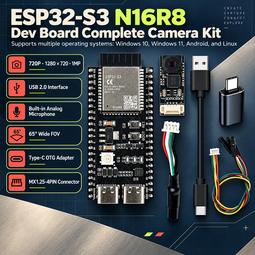 New ESP32-S3 N16R8 Development Board with USB Camera Module Kit 720P 1280*720 1MP 65 Degrees for Android Win 10 11 ESP32S3 IOT