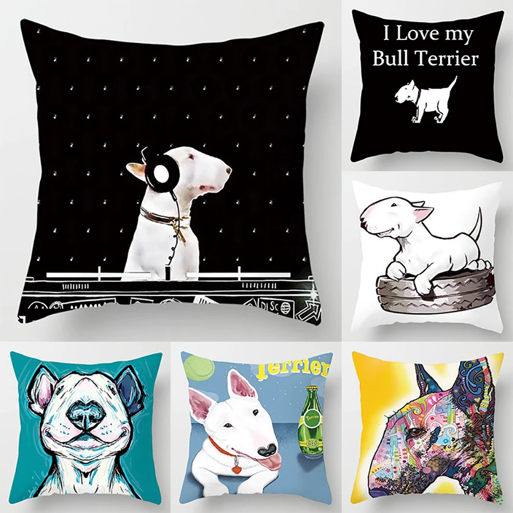 Cartoon Bull Terrier Series Pillow Gift Home Office Decoration Bedroom Sofa Car Cushion Cover Funda de almohada