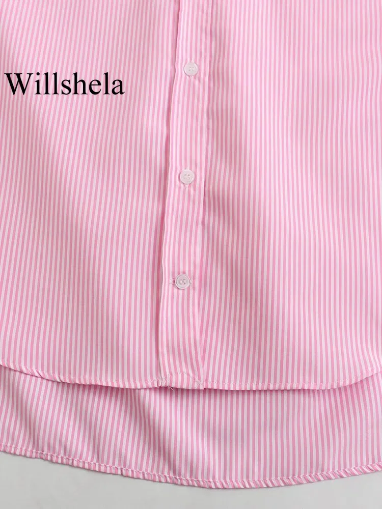 Willshela Women Fashion With Pocket Pink Striped Single Breasted Blouse Vintage Lapel Neck Long Sleeves Female Chic Lady Shirts