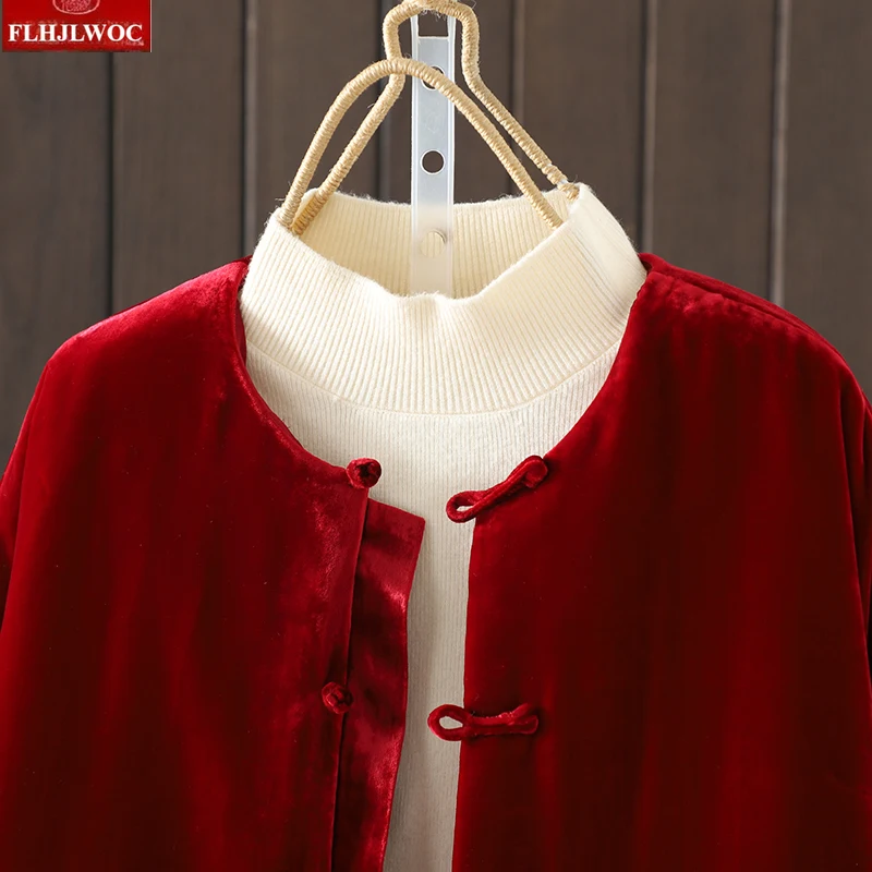 Capodanno Natale Rosso Elegante Capispalla Cappotti Caldo Inverno Stile Cinese Office Lady Solid Piumino Donna Retro Vintage Parka