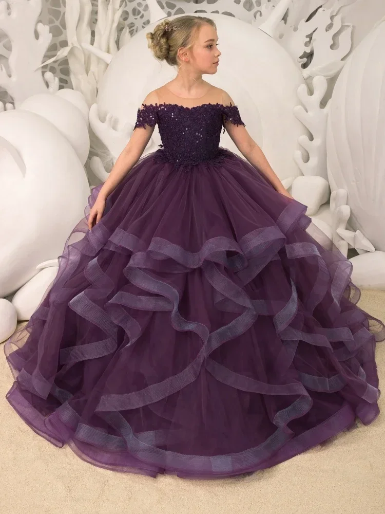 Robes de demoiselle d'honneur en dentelle violette, tulle gonflé, grande robe de princesse traînante, costume de fête d'anniversaire, nouvel an