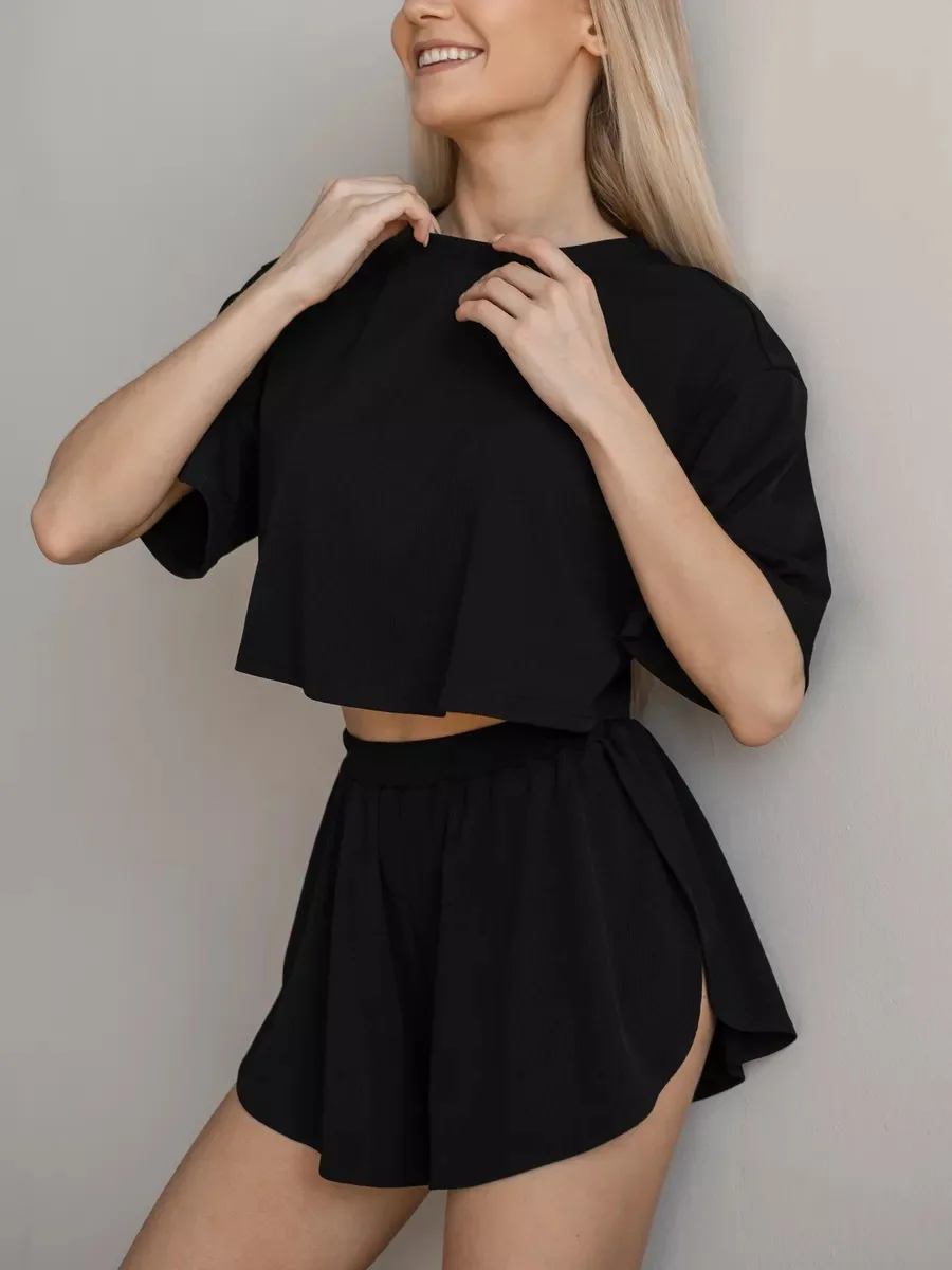2026 Neues Sexy Damen-Pyjama-Set Kurzärmeliges T-Shirt Geteilte Shorts Pyjama 2-Teiliges Set Lässiger Rundhals Elastische Heimkleidung – Detail 3