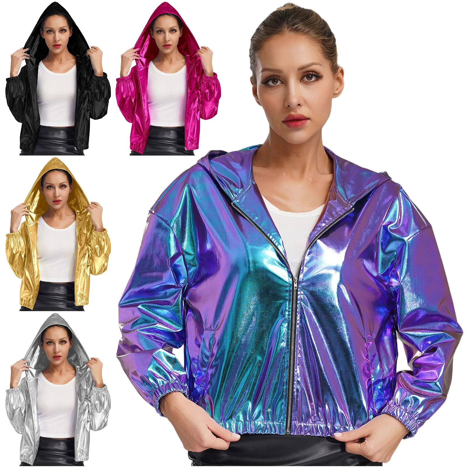 Women Holographic Jacket Coats Long Sleeve Hooded Zipper Jacket Sparkly Metallic Short Jacket Fashion Coat Club Casual Wear