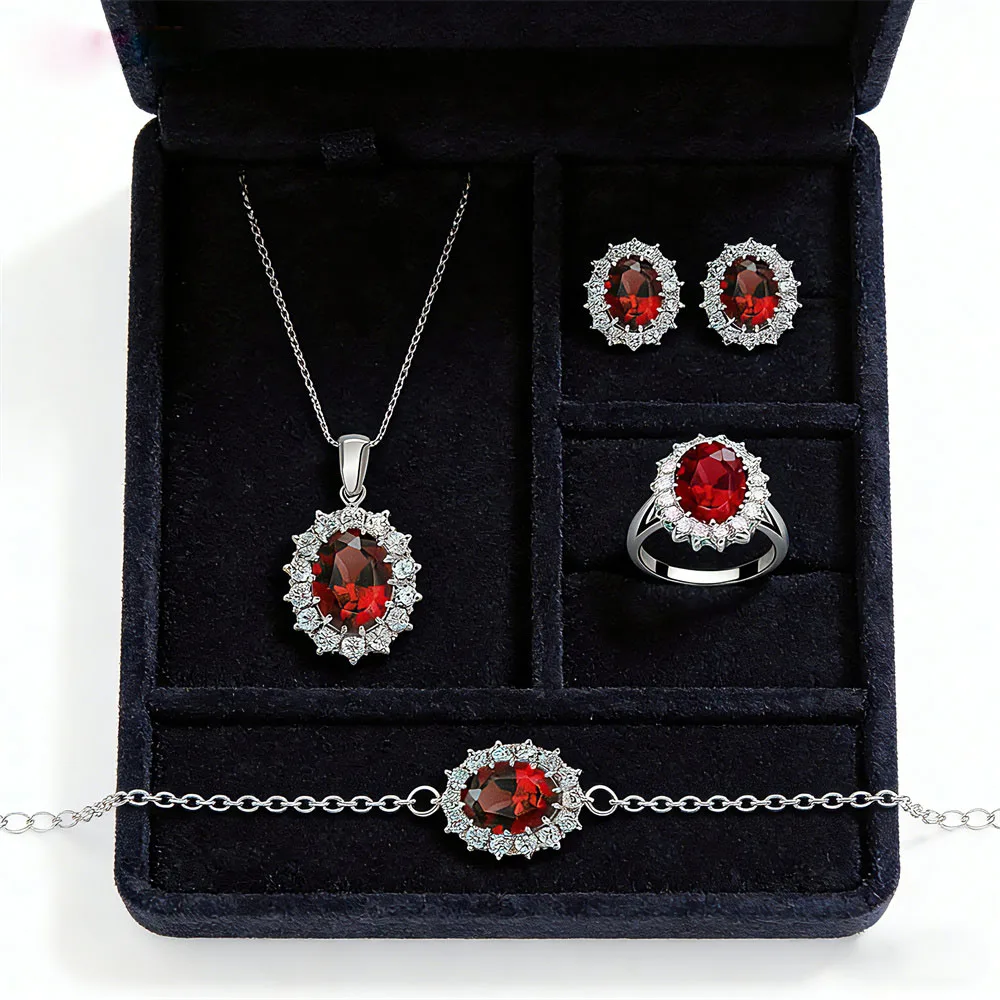 Princess Diana Style 4PCS Oval Gemstone Jewelry Set 925 Silver Necklace Earrings Ring Bracelet Wedding Bridal Gift