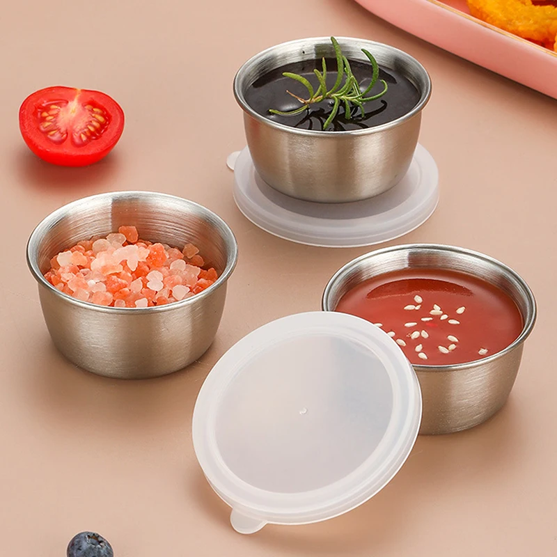 1/6pcs 40ML Salad Dressing Container Sauce Dishes Portable Stainless Steel Small Sauce Cup With Leakproof Lids Dipping Cups view 3