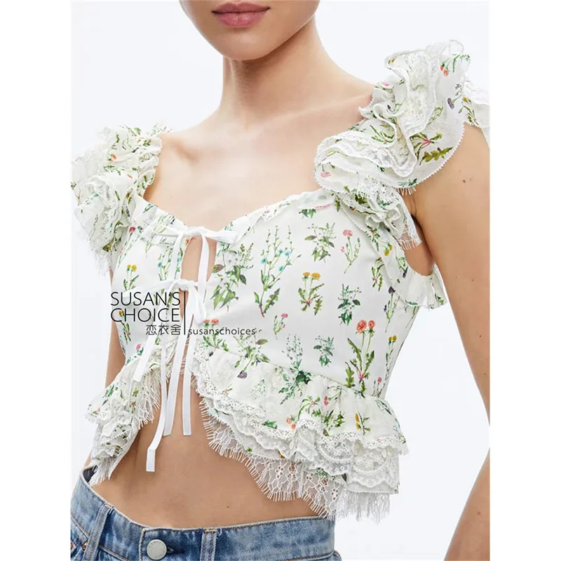 Top Curto com Detalhe em Renda Verde Estilo Doce Moda Fena Design de Nó  Csa Casual Visual Fresco Roupas de Susan