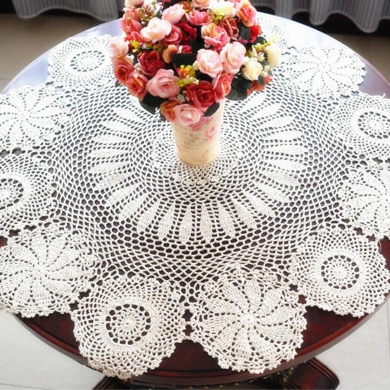 Round Crochet Table Cloth Handmade Lace Tablecloth Vintage Hand Tablecloth Crochet White Beige Color