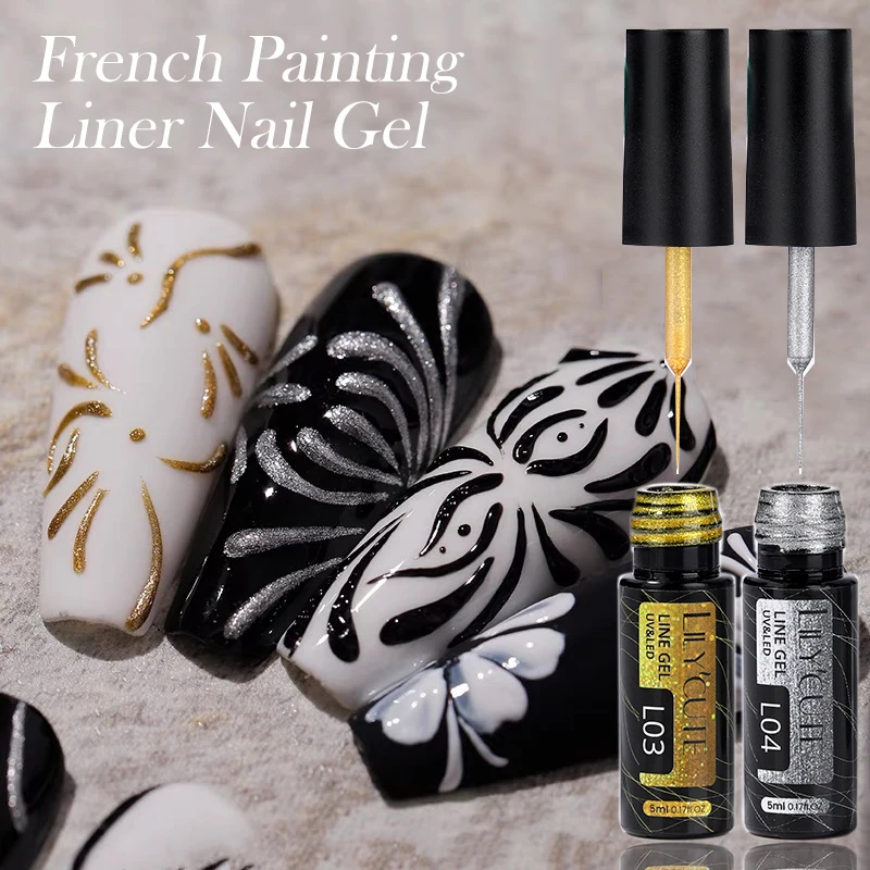 LILYCUTE 5ML Gold Silver Stripe Pull Liner Gel Nail Polish French Manicure Graffiti Painting Semi Permanent Nail Art Gel Varnish