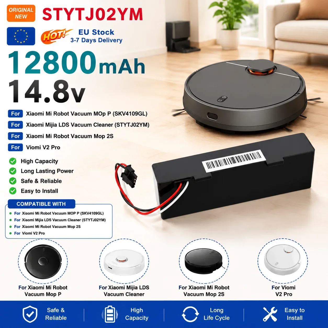 Batteria ricaricabile originale per robot aspirapolvere e lavapavimenti Conga 3290 3390 3490 3590 3690 3790 3890, 14,8 V, 12800 mAh.