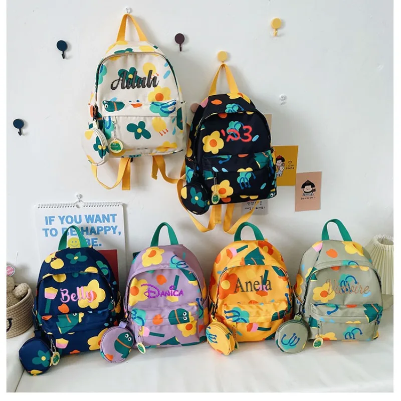 Personalized Embroidery Children's School Bag Custom Name Fashion Flower Backpack Kids Cartoon Graphic Backpack With Coin Case