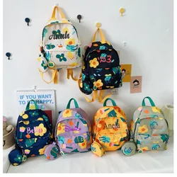 Mochila escolar con bordado personalizado para niños, mochila con nombre personalizado, estampado de flores, dibujos animados, con estuche para monedas